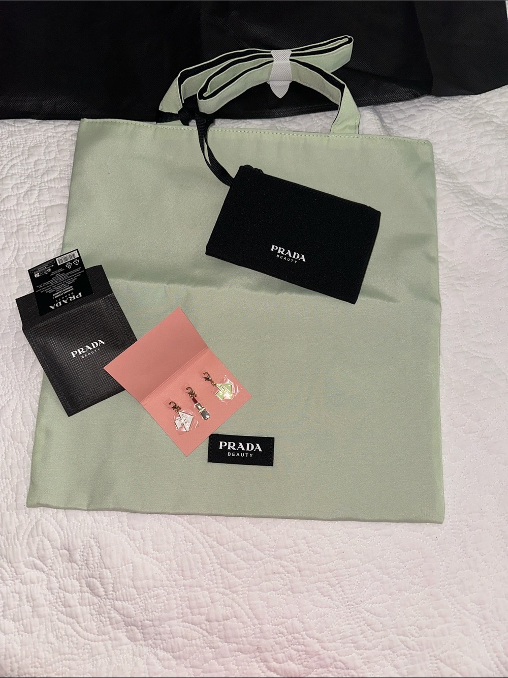 Prada Beauty Mint Green Tote with Black Pouch and Pink Accent Card
